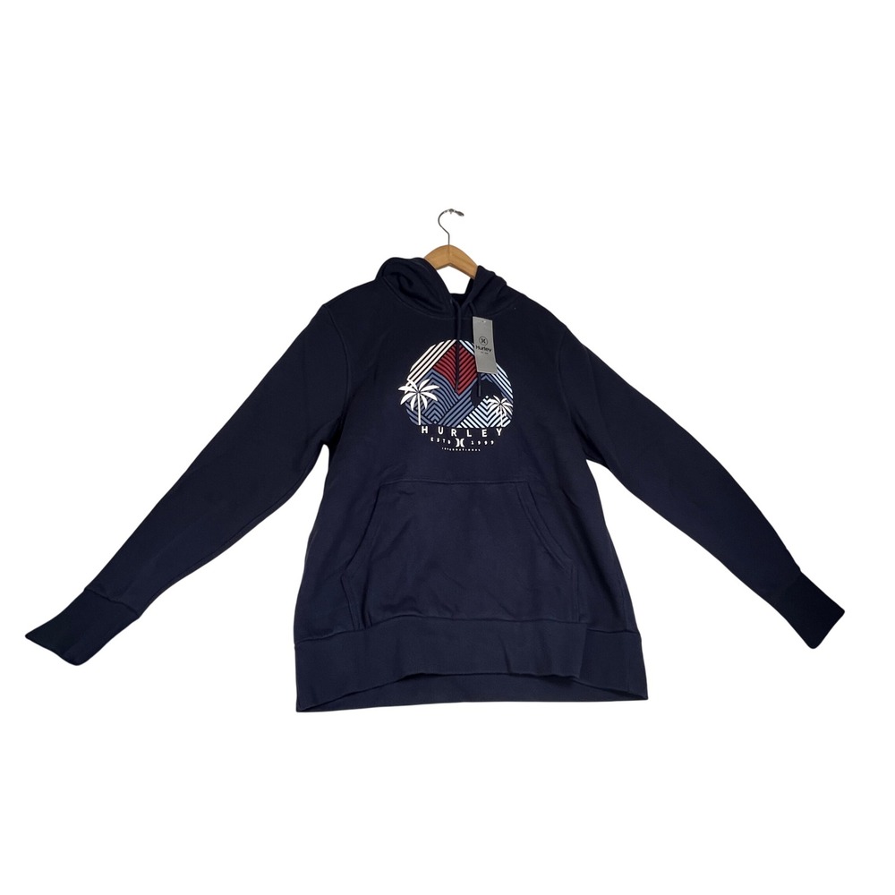 Hurley Mens Navy Blue Graphic Palm Tree Fleece Pullover Hoodie Size M NEW